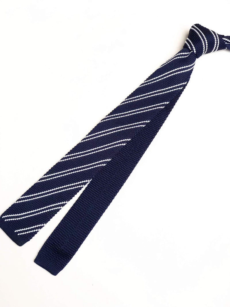 Secdtie Men's Wide Striped Navy Blue White Wool Knit Ties Border Patterned Slim Fashion Necktie for Wedding - Image 4